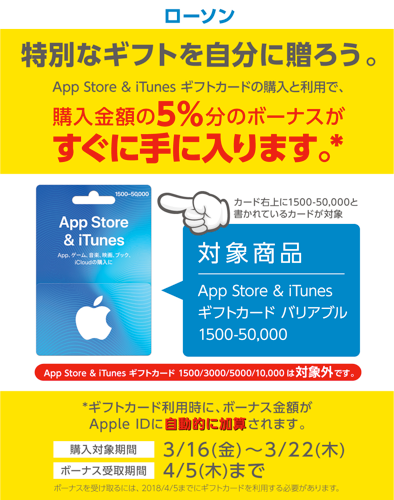 18年3月22日まで ローソンでapp Store Itunes ギフトカード バリアブルを購入 利用すると5 分のボーナスがもれなくもらえる キャンペーン実施 Itunes Card 割引販売速報