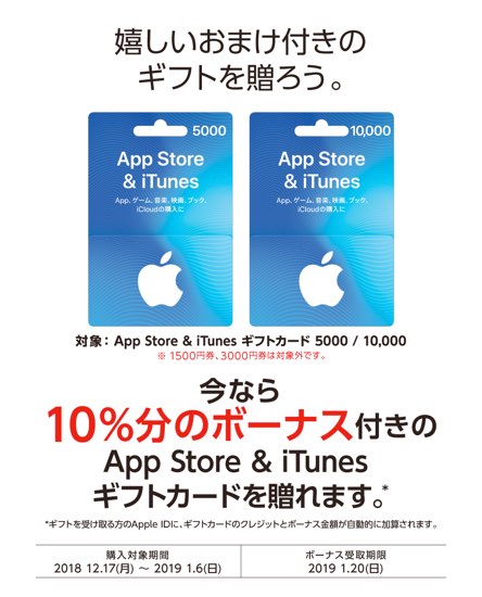 19年1月6日まで 家電量販店 スーパー等 固定額面の App Store Itunes ギフトカード を5 000円以上購入 利用すると10 分のボーナスがもれなくもらえるキャンペーン実施 Itunes Card 割引販売速報