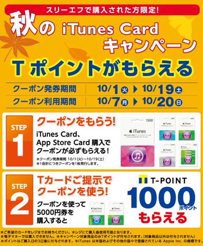 秋のiTunes Cardキャンペーン Tポイントプレゼント
